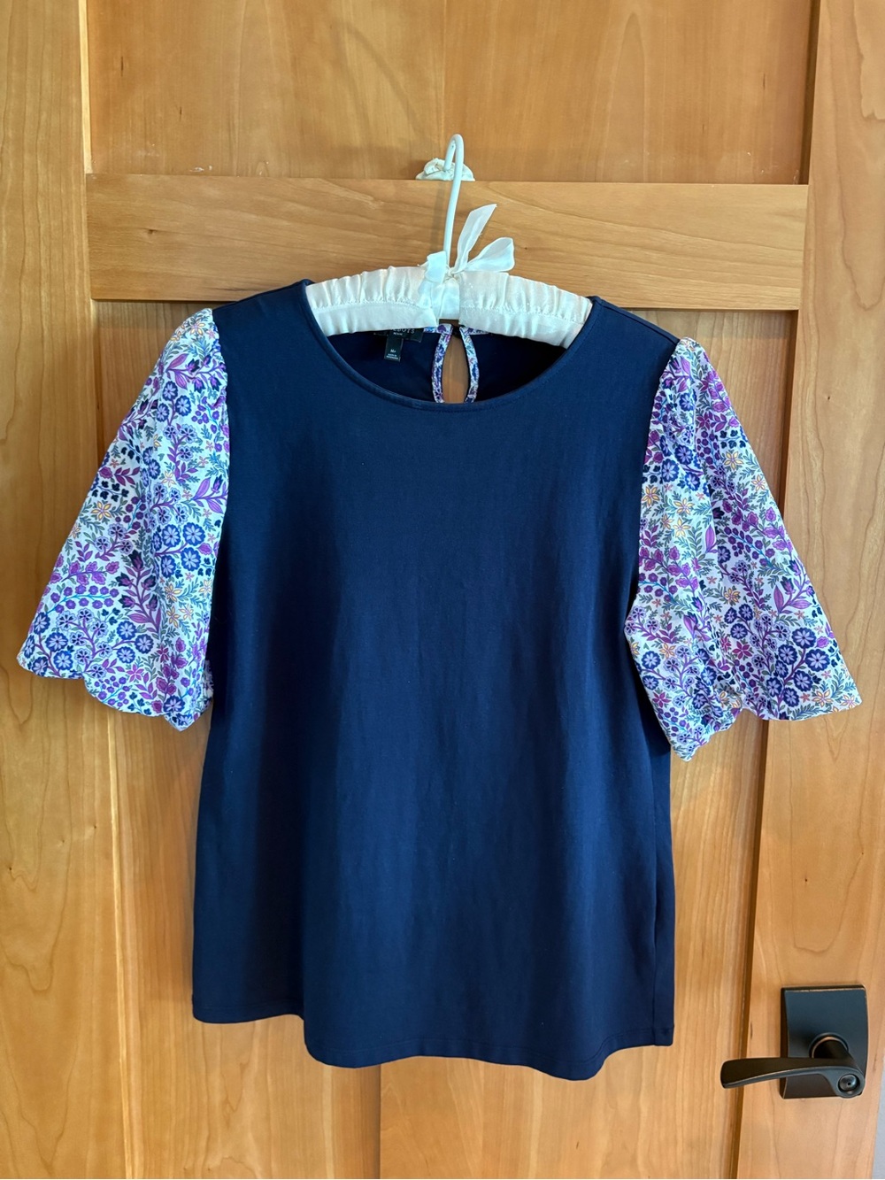 Talbots Navy Top with Purple Floral Puff Sleeves